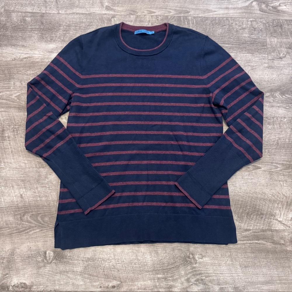 J McLaughlin Navy Blue/Bugundy Striped Crew Neck Poet Sweater Womens Sz. S